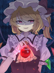 Rule 34 | 1girl, apple, argyle, argyle background, argyle clothes, ascot, blonde hair, bow, collared shirt, crystal, dark background, delta (pixiv2768620), flandre scarlet, food, frilled shirt collar, frilled sleeves, frills, fruit, hat, hat bow, holding, holding food, holding fruit, looking at viewer, medium hair, mob cap, multicolored wings, one side up, open mouth, puffy short sleeves, puffy sleeves, red apple, red bow, red eyes, red ribbon, red vest, ribbon, shirt, short sleeves, simple background, sleeve ribbon, solo, touhou, upper body, vest, white hat, white shirt, wings, wrist cuffs, yellow ascot
