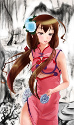 Rule 34 | 1girl, absurdres, ahoge, axis powers hetalia, bare shoulders, breasts, brown eyes, brown hair, china dress, chinese clothes, chinese new year, cleavage, cleavage cutout, clothing cutout, dress, flower, hair flower, hair ornament, highres, initial f, lipstick, long hair, makeup, nail polish, solo, taiwan (hetalia)