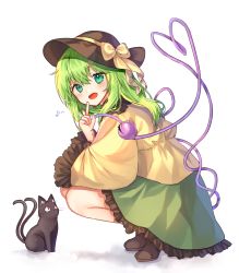 Rule 34 | 1girl, :o, bad id, bad pixiv id, black cat, blush, brown footwear, brown hat, cat, cheunes, frilled shirt, frilled skirt, frilled sleeves, frills, full body, green eyes, green hair, green skirt, hand up, hat, hat ribbon, head tilt, heart, heart of string, highres, index finger raised, kaenbyou rin, kaenbyou rin (cat), komeiji koishi, long hair, long sleeves, looking at another, looking at viewer, looking back, multiple tails, musical note, open mouth, red eyes, ribbon, shadow, shirt, shoes, simple background, skirt, squatting, tail, third eye, touhou, two tails, white background, wide sleeves, yellow ribbon, yellow shirt