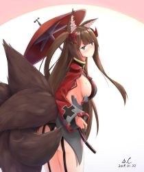 Rule 34 | 1girl, amagi (azur lane), animal ears, azur lane, blunt bangs, blush, breasts, brown hair, commentary, cosplay, cross, embarrassed, fox ears, highres, iron cross, kitsune, large breasts, mole, mole on breast, oil-paper umbrella, paintbrush, prinz eugen (azur lane), prinz eugen (azur lane) (cosplay), purple eyes, s.claw, solo, thick eyebrows, thigh strap, two side up, umbrella