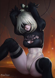 Rule 34 | 1girl, arms up, aroma sensei, bad id, bad pixiv id, bdsm, blindfold, bondage, bound, bound arms, breasts, cameltoe, cleavage, feather-trimmed sleeves, highres, leotard, nier (series), nier:automata, parted lips, silver hair, solo, 2b (nier:automata)