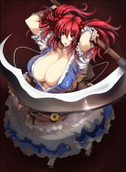 Rule 34 | 1girl, breasts, cleavage, dress, gigantic breasts, hair bobbles, hair ornament, onozuka komachi, red eyes, red hair, scythe, smile, solo, touhou, tsukasawa takamatsu, twintails, two side up, weapon