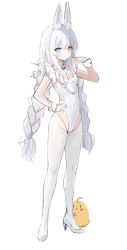 Rule 34 | 1girl, animal ears, azur lane, bad id, bad twitter id, bare shoulders, blue eyes, braid, clothing cutout, covered navel, frilled leotard, frills, full body, fuwawa (fuwawa617), hand on own hip, hand up, high heels, highleg, highleg leotard, highres, le malin (azur lane), le malin (listless lapin) (azur lane), leotard, long hair, looking at viewer, manjuu (azur lane), official alternate costume, pantyhose, rabbit ears, side cutout, solo, standing, thigh strap, twin braids, twintails, very long hair, white footwear, white hair, white leotard, white pantyhose, white theme, wrist cuffs