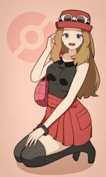 Rule 34 | 1girl, :d, bag, blonde hair, blue eyes, bracelet, collarbone, collared shirt, commentary request, creatures (company), eyewear on headwear, full body, game freak, hand up, handbag, hat, highres, jewelry, long hair, mega ring, mrwww, nintendo, no shoes, open mouth, pink bag, pokemon, pokemon xy, red skirt, serena (pokemon), shirt, skirt, sleeveless, sleeveless shirt, smile, solo, sunglasses, teeth, thighhighs, tongue, upper teeth only, white-framed eyewear