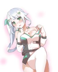 Rule 34 | 1girl, arm warmers, bare shoulders, belt, black shirt, bow, breasts, cleavage, clothes pull, collared shirt, commentary request, green bow, green eyes, hair bow, hair flaps, highres, hizuki miu, hizukichi (windplay), impossible clothes, impossible shirt, large breasts, leg up, long hair, looking at viewer, lying, no pants, on back, open belt, shirt, shirt pull, side ponytail, sidelocks, sleeveless, sleeveless shirt, solo, thighhighs, triangle, triangle hair ornament, virtual youtuber, wactor production, white hair, white shirt, white thighhighs