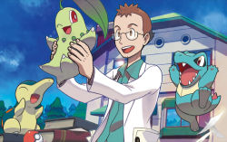 Rule 34 | 1boy, :d, ;d, ^ ^, blue sky, book, brown eyes, brown hair, chikorita, closed eyes, collared shirt, creatures (company), cyndaquil, day, elm (pokemon), fangs, game freak, gen 2 pokemon, glasses, holding, holding pokemon, house, ishikawa hideki, jumping, lab coat, looking at another, male focus, nintendo, official art, one eye closed, open mouth, outdoors, poke ball, poke ball (basic), pokemon, pokemon (creature), pokemon hgss, pokemon tcg, red eyes, sharp teeth, shirt, sky, smile, starter pokemon trio, teeth, third-party source, totodile, window