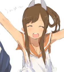 Rule 34 | 1girl, alchera, brown hair, closed eyes, facing viewer, hair ornament, hairclip, holding, holding clothes, holding swimsuit, i-401 (kancolle), kantai collection, open mouth, orange sailor collar, ponytail, round teeth, sailor collar, school swimsuit, shirt, short hair, short ponytail, side-tie shirt, simple background, sleeveless, sleeveless shirt, solo, swimsuit, unworn swimsuit, tan, teeth, upper body, upper teeth only, white background, yawning
