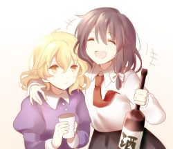 Rule 34 | +++, 2girls, :d, blonde hair, blush, bottle, bow, brown hair, closed eyes, closed mouth, collared shirt, cup, gradient background, hair between eyes, hair bow, hand on another&#039;s shoulder, holding, holding bottle, holding cup, juliet sleeves, laughing, long sleeves, maribel hearn, multiple girls, necktie, no headwear, no nose, open mouth, puffy sleeves, red necktie, sake bottle, shimishimi15, shirt, short hair, sidelocks, smile, touhou, usami renko, white bow, white shirt, yellow eyes