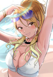 Rule 34 | 1girl, absurdres, armpits, arms up, bare shoulders, beach, bikini, black eyes, blonde hair, blush, bracelet, breasts, brown hair, chain, chain necklace, cleavage, collarbone, commentary, dark-skinned female, dark skin, day, dot nose, earrings, eyewear on head, glint, gold bracelet, gold necklace, gradient hair, gyaru, highres, hoop earrings, idolmaster, idolmaster shiny colors, izumi mei, jewelry, large breasts, long hair, looking at viewer, metamoru tink, multicolored hair, necklace, ocean, open mouth, outdoors, rainbow gradient, smile, solo, sunglasses, swimsuit, tan, upper body, wet, white bikini