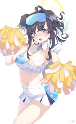 Rule 34 | 1girl, absurdres, ahoge, animal ears, bare shoulders, black hair, blue archive, breasts, cheerleader, cleavage, collarbone, commentary request, dog ears, dog girl, dog tail, gari gari 1, goggles, goggles on head, grey eyes, halo, hand up, hibiki (blue archive), highres, holding, medium breasts, millennium cheerleader outfit (blue archive), navel, open mouth, pleated skirt, pom pom (clothes), sidelocks, signature, simple background, skirt, solo, tail, white background, white skirt