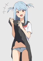 Rule 34 | +++, 1girl, :d, bad id, bad pixiv id, black sailor collar, black skirt, blue hair, blush, brown eyes, clothes lift, cowboy shot, fang, gluteal fold, grey background, grey panties, groin, hair tie, lifted by self, long hair, long skirt, neckerchief, open mouth, original, panties, polka dot, polka dot panties, red neckerchief, sailor collar, salpin, school uniform, serafuku, shirt, short sleeves, simple background, skin fang, skirt, skirt lift, smile, solo, strapless, two side up, underwear, upskirt, white shirt