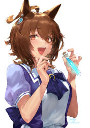 Rule 34 | 1girl, absurdres, agnes tachyon (umamusume), ahoge, animal ears, bow, bowtie, breasts, brown hair, earrings, hand on own chin, hands up, highres, holding, holding test tube, horse ears, jewelry, looking at viewer, medium hair, open mouth, orange eyes, puffy short sleeves, puffy sleeves, purple shirt, sailor collar, school uniform, shirt, short sleeves, simple background, single earring, small breasts, smile, solo, teeth, test tube, tongue, tracen school uniform, umamusume, upper body, upper teeth only, white background, yanyo (ogino atsuki)