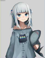 Rule 34 | 1girl, :3, advarcher, blue eyes, blue hair, commentary, english commentary, gawr gura, grey eyes, hair ornament, highres, hololive, hololive english, long sleeves, looking at viewer, medium hair, multicolored hair, off-shoulder shirt, off shoulder, shark hair ornament, shirt, simple background, solo, streaked hair, stuffed animal, stuffed shark, stuffed toy, twitter username, two side up, upper body, virtual youtuber, white hair