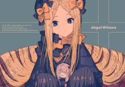 Rule 34 | 1girl, abigail williams (fate), absurdres, black bow, black dress, black hat, blonde hair, blue eyes, bow, character doll, character name, closed mouth, cogecha, commentary request, doll, dress, english text, fate/grand order, fate (series), forehead, hair bow, hat, head tilt, highres, holding, holding doll, lavinia whateley (fate), long hair, long sleeves, looking at viewer, orange bow, parted bangs, polka dot, polka dot bow, sleeves past fingers, sleeves past wrists, solo, very long hair