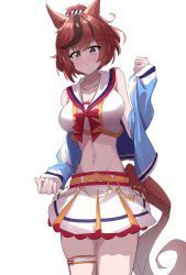 Rule 34 | 1girl, absurdres, animal ears, belt, blue jacket, blush, bow, breasts, brown eyes, chain, closed mouth, commentary, cowboy shot, cropped shirt, ear ornament, expressionless, gold chain, highres, holding, horse ears, horse girl, horse tail, jacket, long sleeves, looking at viewer, medium breasts, medium hair, midriff, multicolored hair, navel, nice nature (run&amp;win) (umamusume), nice nature (umamusume), official alternate costume, official alternate hairstyle, open clothes, open jacket, red bow, red hair, sailor collar, shirt, shorts, simple background, skirt, solo, standing, streaked hair, sweat, tail, thigh strap, umamusume, white background, white shirt, white skirt, yellow belt, yellow shorts, yorozuya (yoroz ryobi)