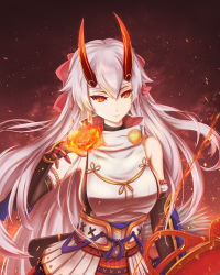 Rule 34 | 1girl, bow, bow (weapon), breasts, detached sleeves, fate/grand order, fate (series), fire, floating hair, gauntlets, gloves, hair between eyes, hair bow, highres, holding, holding bow (weapon), holding weapon, horns, large breasts, long hair, red bow, red eyes, sideboob, silver hair, skyde kei, solo, standing, tomoe gozen (fate), very long hair, weapon