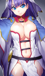 Rule 34 | 1girl, blue eyes, blue thighhighs, blunt bangs, blush, breasts, bursting breasts, center opening, cleavage, closed mouth, colored eyelashes, contrapposto, cowboy shot, fate/grand order, fate (series), frown, grey background, groin, highres, large breasts, loincloth, long hair, looking at viewer, martha (fate), navel, no panties, onsoku inu, pelvic curtain, purple hair, serious, shiny skin, simple background, solo, standing, stomach, straight hair, thighhighs, thighs, v-shaped eyebrows