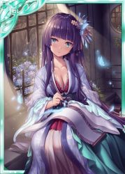 Rule 34 | 1girl, akkijin, breasts, bug, butterfly, calligraphy brush, card (medium), flower, garden, green eyes, hair flower, hair ornament, indoors, bug, japanese clothes, kimono, long hair, looking to the side, medium breasts, official art, paintbrush, purple hair, scroll, shinkai no valkyrie, window, writing