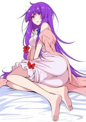 Rule 34 | 1girl, ahoge, ass, bare shoulders, barefoot, blue bow, blunt bangs, bow, dress, eichi yuu, eyebrows, full body, hair ribbon, long hair, messy hair, off shoulder, parted lips, patchouli knowledge, purple eyes, purple hair, red bow, ribbon, simple background, sleepy, solo, strapless, strapless dress, touhou, tress ribbon, very long hair, white background, white dress