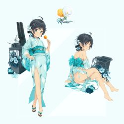 Rule 34 | 10s, 1girl, ahoge, ass, barefoot, black hair, blue eyes, blue flower, candy apple, flower, food, full body, highres, holding, holding food, japanese clothes, kantai collection, kimono, long sleeves, machinery, malachite, matsukaze (kancolle), multiple views, no bra, no panties, obi, one eye closed, sash, short hair, sitting, smile, standing, torn clothes, torn kimono, white flower, wide sleeves, yellow flower, yukata