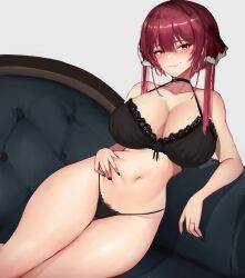 Rule 34 | 1girl, black bra, black choker, black nails, black panties, bra, breasts, choker, closed mouth, couch, earrings, female pubic hair, hair between eyes, hair ribbon, heterochromia, highres, hololive, hoop earrings, houshou marine, jewelry, large breasts, long hair, looking at viewer, nail polish, on couch, panties, pubic hair, pubic hair peek, red eyes, red hair, ribbon, ring, sitting, smile, solo, twintails, underwear, underwear only, varniskarnis, virtual youtuber, yellow eyes
