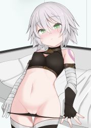 Rule 34 | 1girl, arm belt, artist request, bandaged arm, bandages, bare shoulders, bed, black panties, black thighhighs, blush, breasts, covered erect nipples, crop top, facial scar, fate/apocrypha, fate/grand order, fate (series), fingerless gloves, gloves, green eyes, hair between eyes, highres, jack the ripper (fate/apocrypha), leaning back, looking at viewer, lowleg, lowleg panties, navel, panties, panty pull, scar, scar across eye, scar on cheek, scar on face, short hair, shoulder tattoo, silver hair, single glove, small breasts, solo, stomach, tattoo, thighhighs, underwear