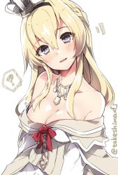 Rule 34 | 10s, 1girl, ?, bare shoulders, blonde hair, blue eyes, blush, breasts, cleavage, crown, dress, head tilt, highres, kantai collection, large breasts, long hair, mini crown, off-shoulder dress, off shoulder, smile, solo, takeshima eku, twitter username, warspite (kancolle), white background