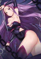 Rule 34 | 1girl, absurdres, arm up, arm warmers, armpits, ass, bare shoulders, black leotard, black thighhighs, breasts, chain, cleavage, facial mark, fate/grand order, fate (series), forehead, forehead mark, highres, leotard, long hair, medusa (fate), medusa (rider) (fate), medusa (rider) (third ascension) (fate), purple eyes, purple hair, solo, strapless, strapless leotard, thighhighs, thighs, very long hair, vitotraps, weapon