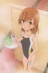 Rule 34 | 10s, 1girl, 2014, :o, bare hips, bare legs, bare shoulders, bathroom, blush, bottle, breasts, brown eyes, collarbone, competition school swimsuit, feet out of frame, female focus, gekota, highres, indoors, looking at viewer, matching hair/eyes, milk bottle, misaka mikoto, official art, one-piece swimsuit, open mouth, school swimsuit, short hair, small breasts, solo, standing, steam, swimsuit, toaru kagaku no railgun, toaru majutsu no index, tokiwadai school swimsuit, wet
