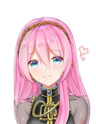 Rule 34 | 1girl, blue eyes, brown hairband, collarbone, gold trim, hair between eyes, hairband, headphones, headset, highres, long hair, megurine luka, microphone, pink hair, portrait, see-through, shiny clothes, simple background, smile, solo, tsukiringo, vocaloid, white background