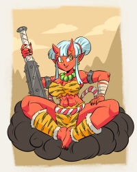 Rule 34 | 1girl, absurdres, breasts, chi-chi (dragon ball), demon girl, denim, dragon ball, dragonball z, female focus, funsexydragonball, highres, large breasts, solo, swimsuit, weapon, white hair, yellow eyes