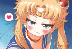 Rule 34 | 1girl, absurdres, bishoujo senshi sailor moon, blonde hair, blue eyes, blush, choker, collarbone, crescent, crescent earrings, derivative work, earrings, hair over shoulder, heart, heart choker, highres, jewelry, long hair, looking at viewer, meme, naughty face, parted bangs, sailor collar, sailor moon, sailor moon redraw challenge (meme), solo, tsukino usagi, twintails, upper body, xtacy