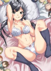 Rule 34 | 1girl, :q, absurdres, akiyama (yehonatan), arm up, armpits, black eyes, black hair, black socks, bow, bow bra, bow panties, bra, breasts, cleavage, closed mouth, commentary request, crotch seam, doll, from above, highres, knees up, licking lips, long hair, looking at viewer, love live!, love live! nijigasaki high school idol club, low twintails, lying, medium breasts, navel, on back, on bed, panties, smile, socks, solo, spread legs, tongue, tongue out, twintails, underwear, underwear only, white bra, white panties, yuki setsuna (love live!)