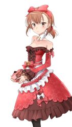 Rule 34 | 1girl, absurdres, apron, black pantyhose, blank eyes, blush, bow, box, breasts, brooch, brown eyes, brown hair, collarbone, cowboy shot, cross-laced clothes, detached collar, detached sleeves, dress, expressionless, female focus, frilled dress, frilled sleeves, frills, from side, gift, hair bow, hair ornament, hair scrunchie, hamuppo, heart, heart-shaped box, heart brooch, highres, holding, holding gift, jewelry, long sleeves, looking at viewer, medium breasts, misaka imouto, off-shoulder dress, off shoulder, pantyhose, parted bangs, red bow, red dress, ribbon trim, scrunchie, short ponytail, sidelocks, simple background, snowflake print, solo, standing, toaru kagaku no railgun, toaru majutsu no index, valentine, waist apron, white background