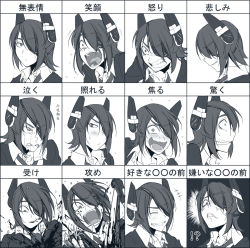 Rule 34 | 10s, 1girl, angry, blood, expressions, eyepatch, closed eyes, hair over one eye, headgear, hetza (hellshock), highres, kantai collection, monochrome, multiple views, necktie, open mouth, personification, revision, school uniform, short hair, sword, tears, teeth, tenryuu (kancolle), tongue, weapon