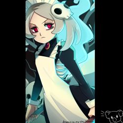 Rule 34 | 1girl, amulet, apron, aura, bad id, bad tumblr id, bloody marie (skullgirls), commentary, d-ryuu, dual wielding, flat chest, grey hair, hair ornament, holding, lowres, maid, maid apron, maid headdress, pillarboxed, red eyes, ribs, skull hair ornament, skullgirls, solo, twintails