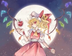 Rule 34 | 80isiiii, apple, ascot, back bow, blonde hair, bow, clenched hand, collared shirt, crystal, crystal wings, flandre scarlet, floating, food, frilled shirt collar, frilled skirt, frilled sleeves, frills, fruit, full moon, hat, hat ribbon, highres, holding, holding food, holding fruit, levitation, looking at food, medium hair, midriff, mob cap, moon, night, night sky, one side up, pointy ears, puffy short sleeves, puffy sleeves, red eyes, red ribbon, red skirt, red vest, red wrist cuffs, ribbon, shirt, short sleeves, sketch, skirt, skirt set, sky, touhou, vest, white bow, white hat, white shirt, wings, wrist cuffs, yellow ascot