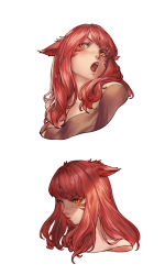 Rule 34 | 1girl, absurdres, animal ears, warrior of light (ff14), bad id, bad pixiv id, bare shoulders, blush, breasts, cat ears, commentary, commission, cropped shoulders, cropped torso, ears down, english commentary, facial mark, facing to the side, final fantasy, final fantasy xiv, freckles, highres, lipstick, long hair, looking afar, looking away, makeup, miqo&#039;te, multiple views, off shoulder, open mouth, orange eyes, portrait, pout, red eyes, red hair, round teeth, seneka grafika, shade, sideways glance, simple background, slit pupils, teeth, tongue, whisker markings, white background