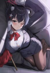 Rule 34 | 1girl, animal ears, black hair, blue archive, blush, breasts, couch, full body, gijang, grey eyes, halo, highres, large breasts, long sleeves, looking at viewer, lying, no shoes, on couch, on side, one eye closed, pantyhose, raccoon ears, short hair, skirt, solo, thighs, tsubaki (blue archive), tsubaki (guide) (blue archive)