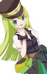 Rule 34 | 1girl, :d, alina gray, aqua eyes, arm at side, belt, black bow, black hat, black necktie, black vest, blonde hair, blunt ends, blush, bow, brooch, brown belt, chain, collar, cowboy shot, cross tie, detached collar, dot nose, dutch angle, fur cuffs, gem, green gemstone, green hair, hair between eyes, hat, index finger raised, jewelry, lapels, long hair, looking at viewer, magia record: mahou shoujo madoka magica gaiden, magical girl, mahou shoujo madoka magica, miniskirt, multicolored clothes, multicolored hair, multicolored skirt, necktie, open mouth, peaked cap, pleated skirt, puffy short sleeves, puffy sleeves, ruru (rurumagi), see-through, see-through sleeves, short sleeves, sidelocks, simple background, skirt, smile, solo, straight hair, streaked hair, striped clothes, striped skirt, v-neck, vertical-striped clothes, vertical-striped skirt, very long hair, vest, waist bow, white background, white collar, white sleeves