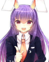 Rule 34 | 1girl, :d, animal ears, bad id, bad pixiv id, blazer, rabbit ears, crescent, dress shirt, female focus, fingernails, jacket, long hair, looking at viewer, maguro (gulen-x), necktie, open mouth, pointing, pointing at viewer, purple hair, red eyes, reisen udongein inaba, shirt, smile, solo, star (symbol), touhou, tsukiriran, upper body