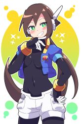 Rule 34 | 1girl, absurdres, aile (mega man zx), black bodysuit, blush, bodysuit, breasts, brown hair, buzzlyears, cropped jacket, female focus, green eyes, heart, highres, jacket, long hair, medium breasts, mega man (series), mega man zx, mega man zx advent, navel, open clothes, open jacket, ponytail, robot ears, shorts, smile, tagme