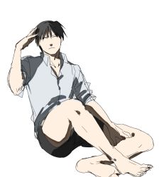 Rule 34 | 1boy, bare legs, barefoot, black eyes, black hair, doya, expressionless, fullmetal alchemist, grey shirt, hand in own hair, long sleeves, looking away, male focus, one eye closed, roy mustang, serious, shaded face, shirt, short hair, shorts, simple background, solo, white background
