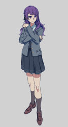 Rule 34 | 1girl, black shirt, black skirt, brown footwear, closed mouth, collared shirt, full body, grey background, grey jacket, hand up, idolmaster, idolmaster shiny colors, jacket, jichi, loafers, long hair, long sleeves, open clothes, open jacket, purple eyes, purple hair, shirt, shoes, simple background, skirt, socks, solo, standing, tanaka mamimi