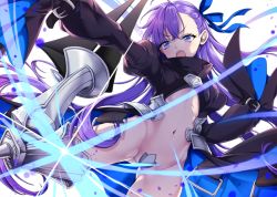 Rule 34 | 10s, 1girl, bad id, bad pixiv id, blue ribbon, blush, crotch plate, fate/extra, fate/extra ccc, fate (series), hair ribbon, long hair, looking at viewer, meltryllis (fate), navel, open mouth, purple eyes, purple hair, ribbon, solo, teeth, uchuu gorira