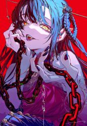 Rule 34 | + +, 1girl, bare shoulders, black nails, blue hair, braid, braided hair rings, chain, fangs, hair between eyes, hair ornament, hair rings, highres, long hair, looking at viewer, nail polish, open mouth, original, pointy ears, red background, red eyes, red lips, rolua, simple background, smile, solo, symbol-shaped pupils, vampire, x-shaped pupils