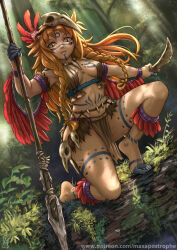 Rule 34 | 1girl, alternate costume, armband, bare legs, barefoot, bird skull, bird wings, blue rope, body markings, braid, braided bangs, breasts, cleavage, feathers, feet, freckles, glint, holding, holding knife, jewelry, knife, les chevaucheurs, loincloth, long hair, looking at viewer, maxa&#039;, medium breasts, messy hair, navel, necklace, on one knee, orange hair, patreon username, phenice walholl, red feathers, rope, sharp teeth, solo, teeth, toes, tooth necklace, tree, tribal, wings, yellow eyes