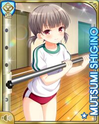 Rule 34 | 1girl, brown hair, buruma, card (medium), closed mouth, day, girlfriend (kari), gym, indoors, looking at viewer, official art, qp:flapper, red buruma, red eyes, shigino mutsumi, shirt, shoes, short twintails, silver hair, smile, sneakers, solo, standing, twintails, white footwear, white shirt