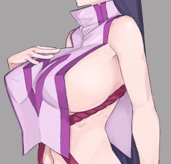 Rule 34 | 1girl, bare shoulders, breasts, fate (series), grey background, large breasts, long hair, lowres, masato (mirai koubou), minamoto no raikou (fate), navel, purple hair, simple background, solo, very long hair