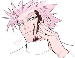 Rule 34 | 1boy, blood, blood on face, dated, deruha (this communication), green eyes, head tilt, huge eyebrows, light smile, male focus, muted color, pink hair, sanpaku, short hair, solo, spiked hair, this communication, turtleneck, umedairuka, wiping blood